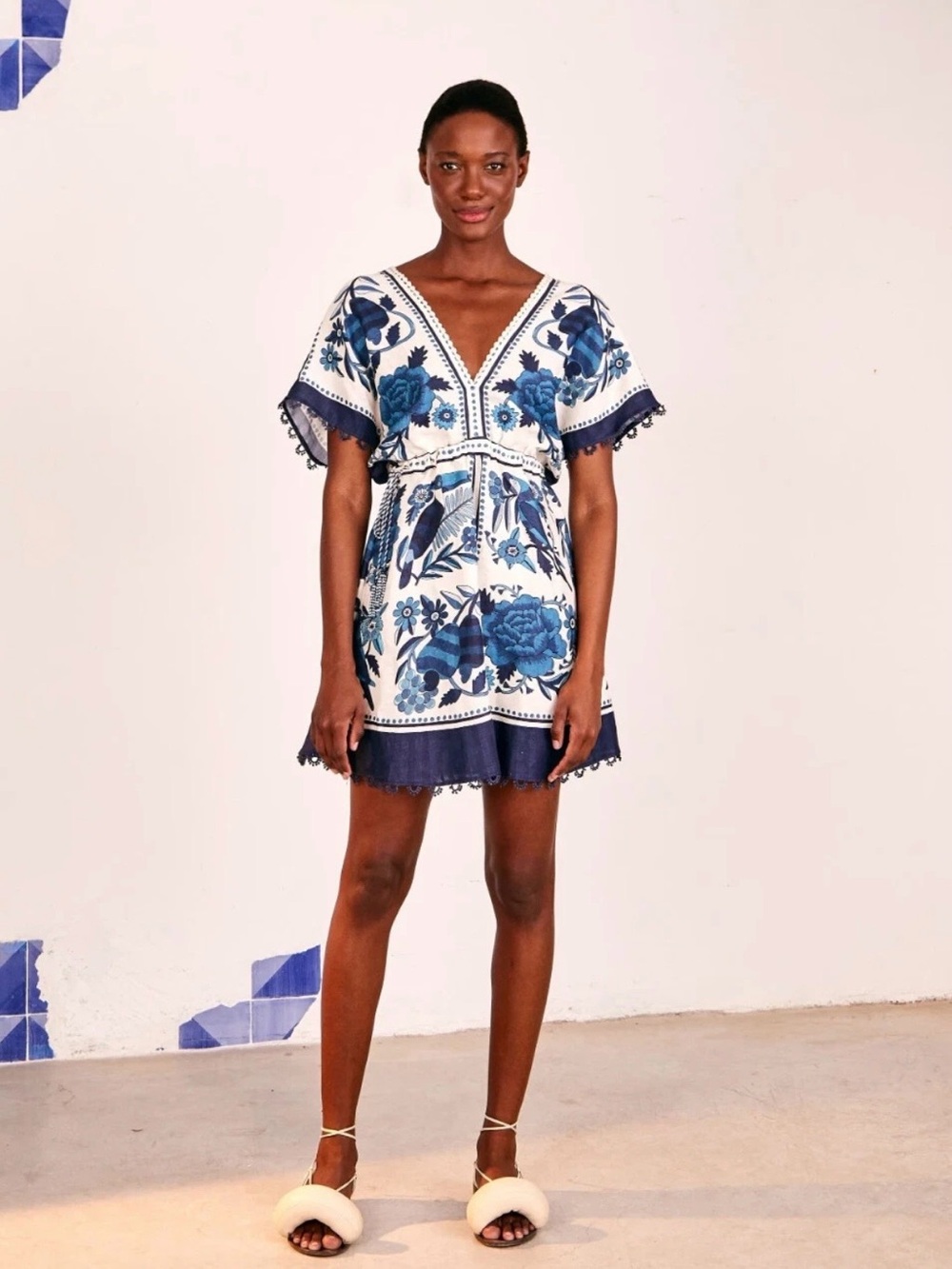 Farm Rio Tropical Tiles Floral Off White Blue Linen Blend Mini Dress